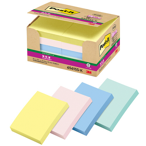 ﾎﾟｽﾄ･ｲｯﾄ 強粘着 ｴｺﾉﾊﾟｯｸ ﾉｰﾄ 75×50mm ﾊﾟｽﾃﾙｶﾗｰ 4色混色 1ﾊﾟｯｸ(10冊)画像