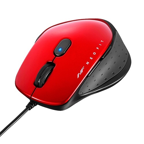 有線 BlueLED 5ボタン ネオフィットマウス Mサイズ レッド 1個 デザインが際立つ赤いマウスの側面が見える状態