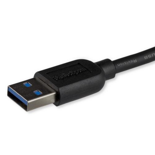 Micro　USB3.0　スリムケーブル　3m　Type　A(オス)-Micro　B(オス)　ブラック　1本 ケーブル全体が見える状態で、コネクタ部分の詳細が強調された姿
