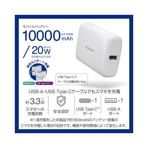 モバイルバッテリー 10000mAh ホワイト 端が丸みを帯びた白いデザインのバッテリー本体が正面にあり、上部に接続ポートが見える状態