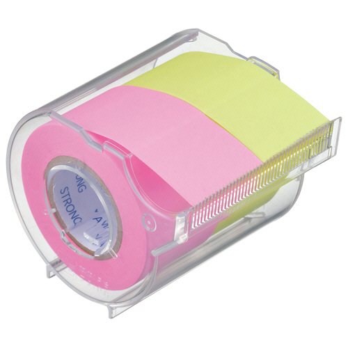 ﾒﾓｯｸ ﾛｰﾙﾃｰﾌﾟ(強粘着) 蛍光紙 ｶｯﾀｰ付 25mm幅 ﾛｰｽﾞ&ﾚﾓﾝ 1個画像