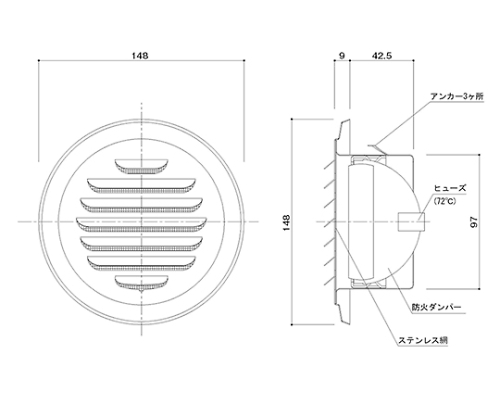 丸型ガラリ (防火ダンパー付) シルバーメタリック 銀色の丸型デザインが確認できる状況で、防火ダンパーの取り付け部分がはっきりと見える。