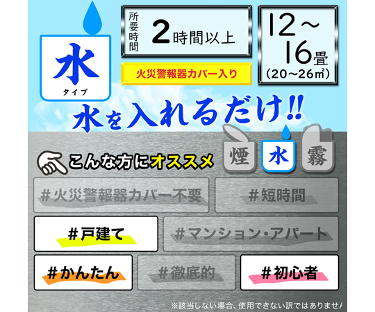 ラクラクバルサン®（火を使わない水タイプ） 12g×3 12ー16畳（20～26m2） 10個入 パッケージが正面から見える状態で、透明なフィルムに包まれている。