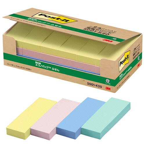 ﾎﾟｽﾄ･ｲｯﾄ ｴｺﾉﾊﾟｯｸ ふせん 再生紙 75×25mm 4色 1ﾊﾟｯｸ(24冊)画像