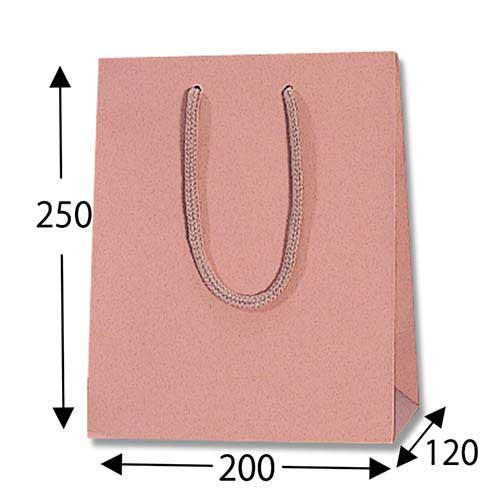 手提げ紙袋（ローズレッド 塗工・アクリル紐・幅200×マチ120×高さ250mm） 正面を向いて自立した光沢の塗工仕上げのローズ色の袋が1つで、幅広のマチとアクリル紐が見える状態
