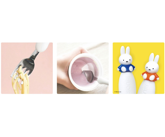 フォーク＆スプーン miﬀy 12個入 パッケージが斜めから見える状態で、カラフルなデザインが強調されている。