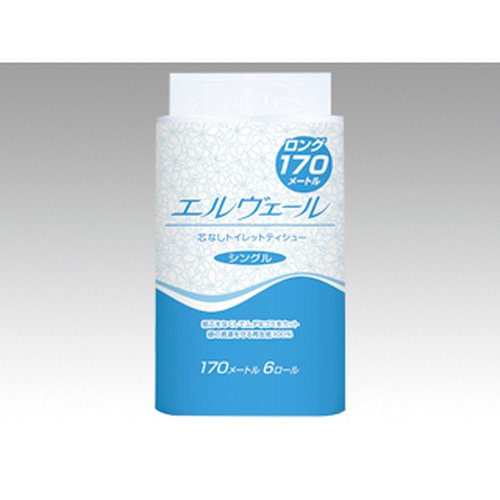 トイレットペーパー エルヴェールトイレットティシュー シングル 170m 6R(芯ナシ) エリエール パッケージの上面にシンプルなデザインが見える状態