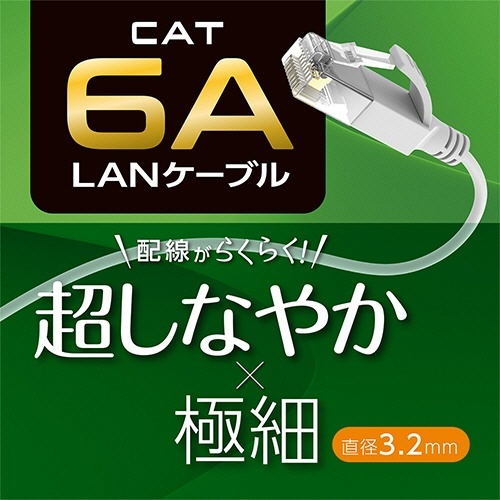 ミヨシ CAT.6A LANケーブル スリム ホワイト 5m 1本 白色の細身のLANケーブルが真上から映し出されている状態。