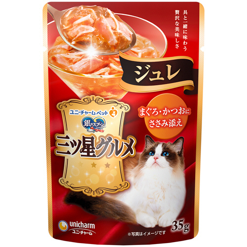 銀のｽﾌﾟｰﾝ三ﾂ星ｸﾞﾙﾒﾊﾟｳﾁｼﾞｭﾚまぐろ･かつおにささみ添 35g 1ｾｯﾄ(16ﾊﾟｯｸ)画像