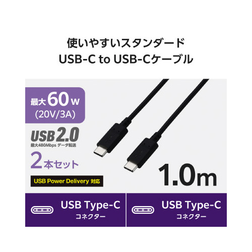 タイプCケーブル 2本セット 1m 黒 黒色のケーブルが並行に配置された状態