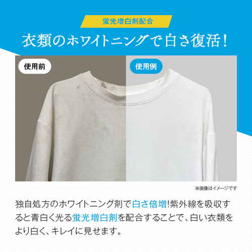衣類洗剤　衣類ホワイトニング洗剤 パッケージの後面にある成分表示と使用方法が見える状態