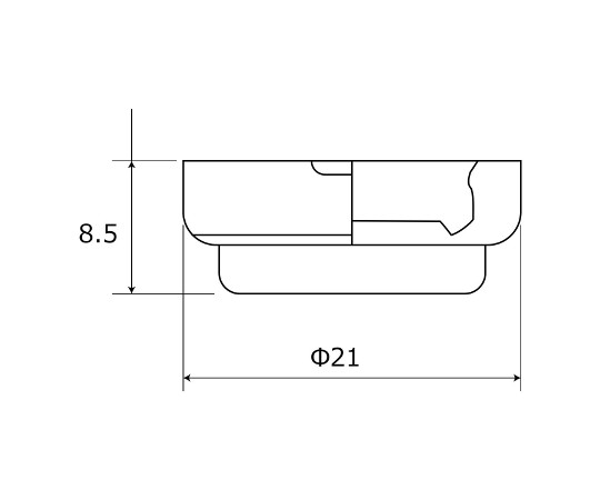 イス脚に打つ！　取替用　打ち込み式フェルト　本体幅21mm　4個入 ディスプレイにセットされたパッケージが見える状態、背景は白色。