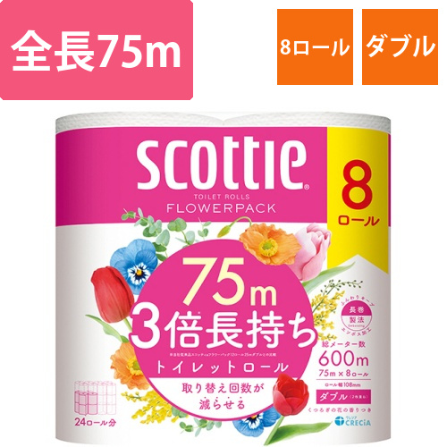 スコッティフラワーパック3倍長持ちダブル　芯有　75m　香付　1パック(8ロール)画像