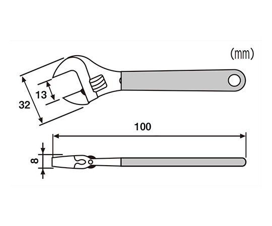 モンキーレンチ 少し傾いた角度から撮影された工具で、光沢のある金属の質感が際立っている。