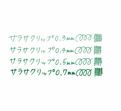 サラサクリップ 0.3mm 緑 透明プラケースに収められた緑色のペンが見える状態