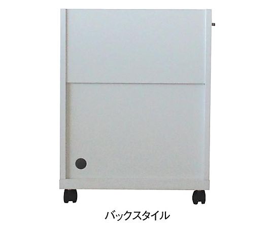 木製デスク下ワゴン 天板なし コンパクトな木製ワゴンが横向きに置かれ、引き出し部分が開いている様子