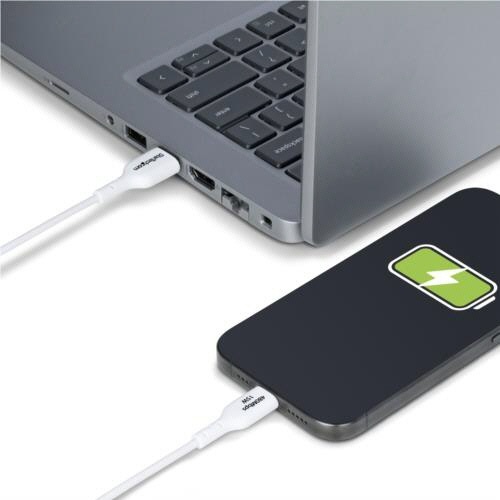 USB2.0ケーブル　Type　A(オス)-Type　C(オス)　3m　ホワイト　1本 柔らかな光沢のある白色のケーブルが、真っ直ぐに延びている状態
