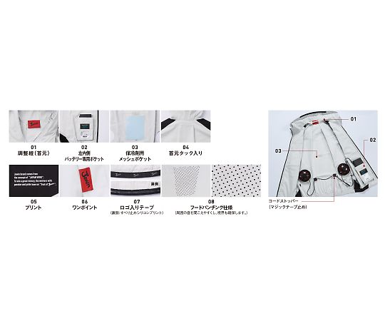 綿100％素材使用の空調服ベスト（フード付）　ネービー　M フードがついたネイビーの空調服ベストが前面から見える状態で、軽やかな素材感が強調されている。