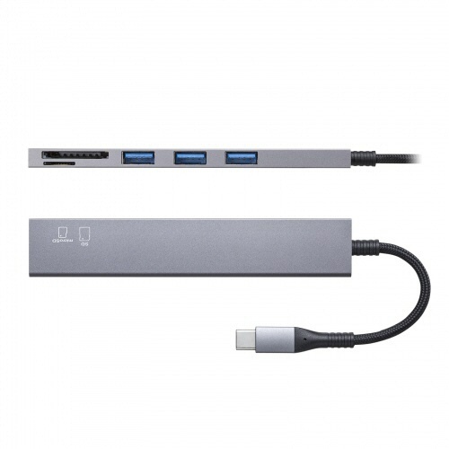 USB　5Gbps　3ポート　スリム　ハブ(カードリーダー付き・Type-C接続)　1個 薄型のデザインで、Type-Cポートが見える状態