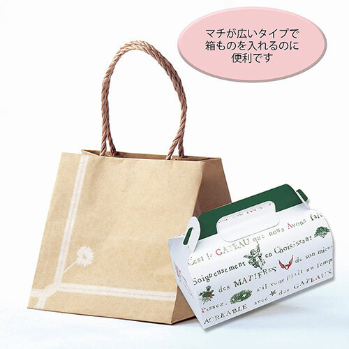 手提げ紙袋（ルパン 茶・口折丸紐・幅180×マチ180×高さ180mm） 正面を向いた茶色の紙袋が一つ立ち、口が折られ丸紐の持ち手が中央に垂れている様子