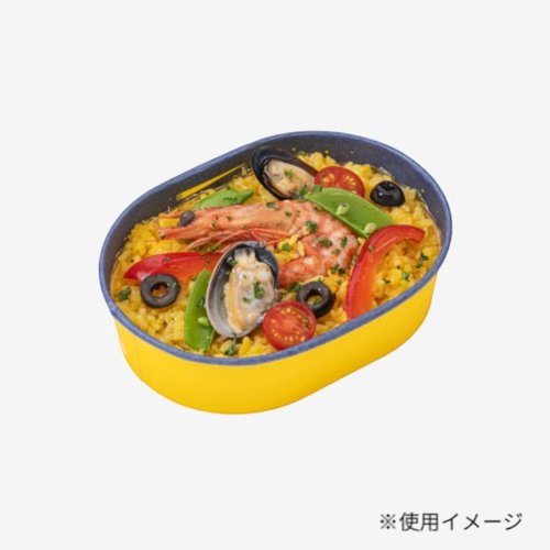 テイクアウト容器 紙コップ楕円型 海 NV/YE 東洋アルミエコープロダクツ コップの側面に青と黄色の配色が施された楕円型の容器が並んでいる様子