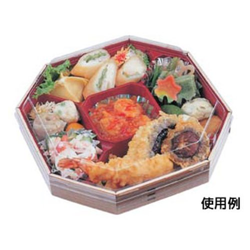 仕出し弁当容器 WUかん合-830 身丈 わっぱ エフピコ 手前に置かれた円形の弁当容器、蓋が開いて色とりどりの料理が見える状態
