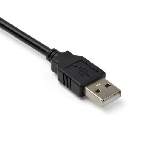 USB　2.0-シリアル変換アダプタ　30cm　ブラック　1本 ケーブルが横向きに広がった状態で、コネクタ部分がクローズアップされている