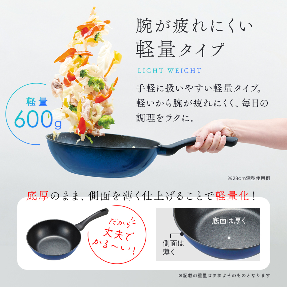 軽量IHダイヤフライパン24cm深型 平らな底部と深い側面を持つフライパンが、青い背景の上に置かれている様子。