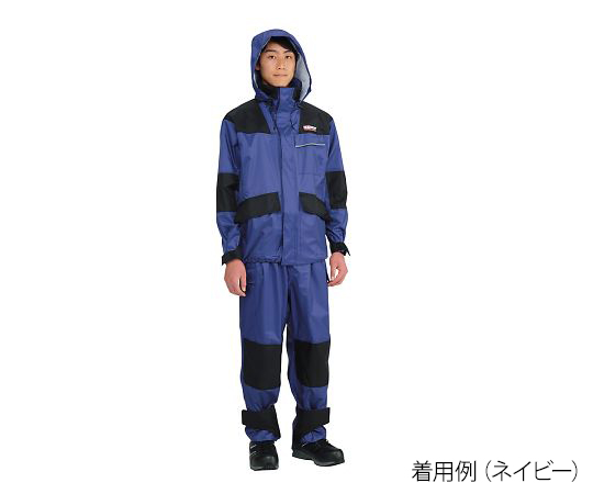 仕事合羽　ネイビー　M ネイビーの生地が光沢を持ち、フードとポケットが付いた状態
