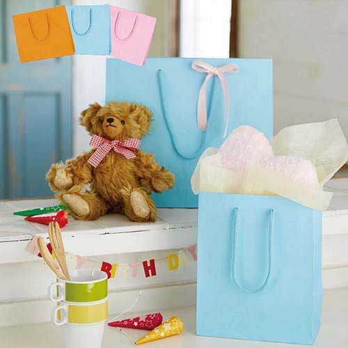 マットな塗工タイプで水色の手提げ紙袋