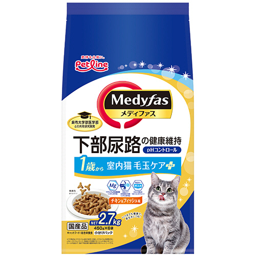 ﾒﾃﾞｨﾌｧｽ 室内猫 毛玉ｹｱﾌﾟﾗｽ 1歳から ﾁｷﾝ&ﾌｨｯｼｭ味 (450g×6袋) 1ﾊﾟｯｸ画像