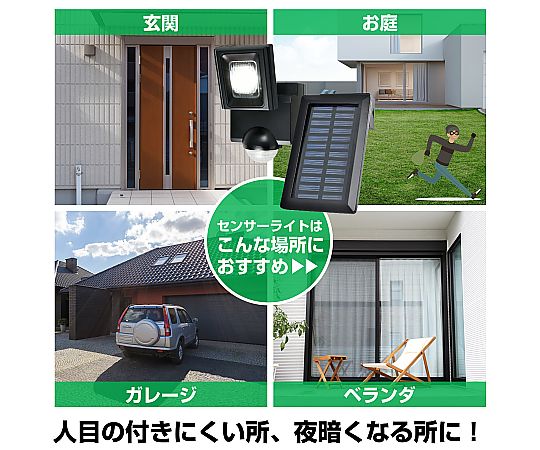 1灯 LEDセンサーライト(ソーラー充電式) パッケージに収められたソーラー充電式ライトが正面から見える状態