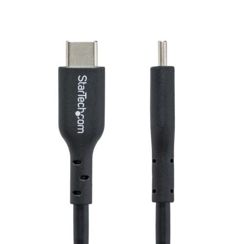 USB-C充電ケーブル　Type　C(オス)-Type　C(オス)　3m　ブラック　1本 ケーブルがまっすぐに伸び、黒い表面が光を反射している様子