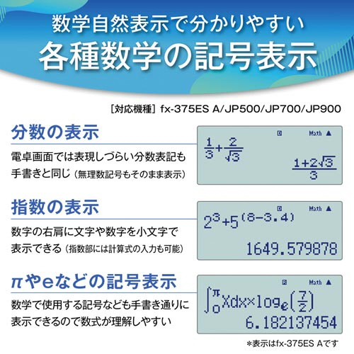 関数電卓 数学自然表示 FX-375ESA-N 正面から見た、液晶画面が明るく表示されている状態