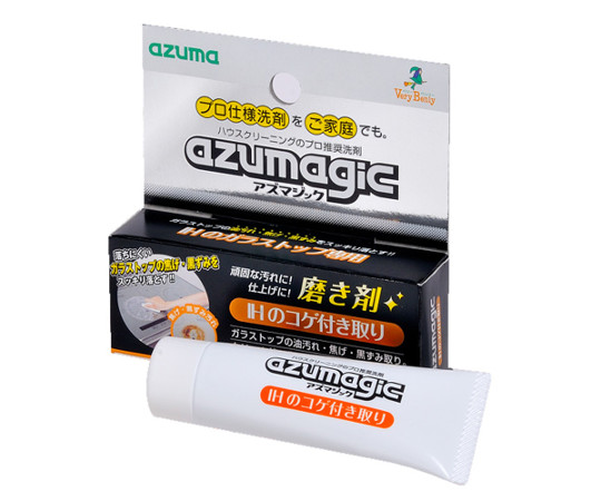 アズマジック　IH用磨き剤 パッケージの前面が鮮やかに見える状態、内容物の説明がしっかりと表示されている。