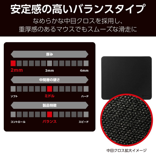 ゲーミングマウスパッド バランスタイプ ブラック 柔らかい布地で覆われた大きなマウスパッドの俯瞰図
