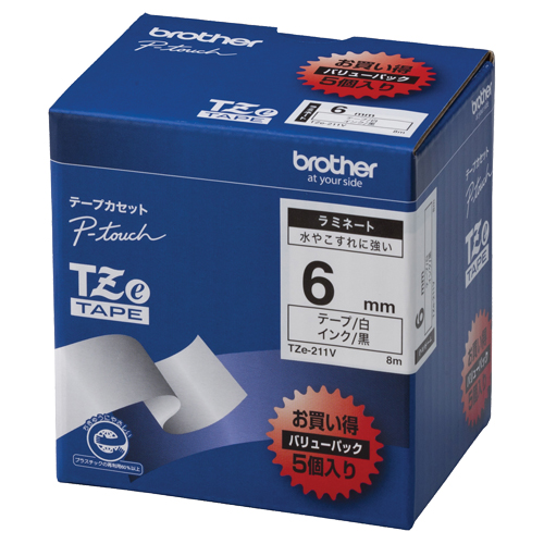 ﾋﾟｰﾀｯﾁ TZeﾃｰﾌﾟ ﾗﾐﾈｰﾄﾃｰﾌﾟ 6mm 白/黒文字 業務用ﾊﾟｯｸ 1ﾊﾟｯｸ(5個)