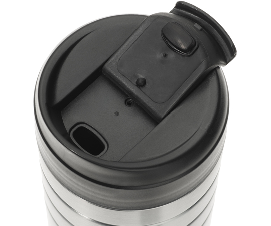 マジョリス サーモマグ 450mL フリップトップ蓋付 シルバー 横から見たフリップトップの蓋付きマグ、シルバーの光沢が際立つ。