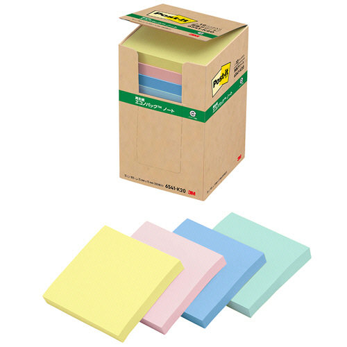 ﾎﾟｽﾄ･ｲｯﾄ ｴｺﾉﾊﾟｯｸ ﾉｰﾄ 再生紙 75×75mm 4色 1ﾊﾟｯｸ(12冊)画像