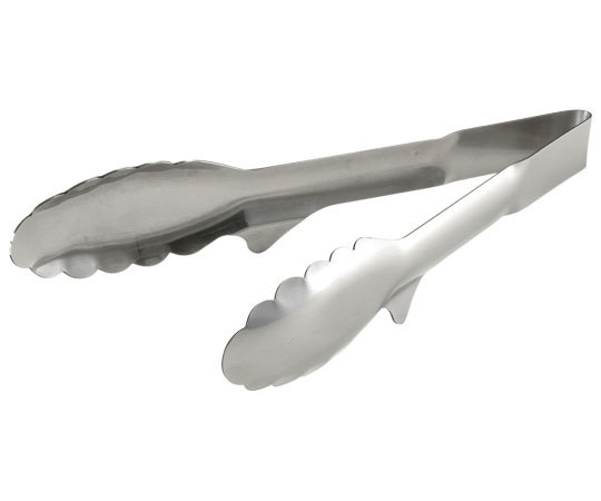 ウルトラトング 28cm 全体がスチール製で、持ち手が黒く滑り止め加工されたトングが立てられた状態。