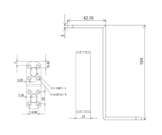 補助金具ステイ　黒　3mm×25mm×42×104×42mm 黒い金具が横に並び、光沢のある表面が際立っている状態