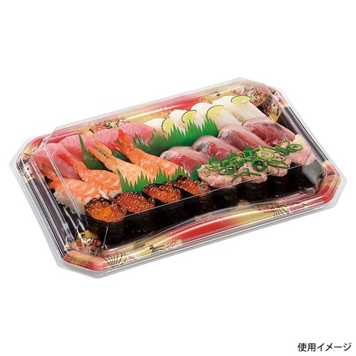 寿司容器 美彩3-8 本体 金フチ扇 エフピコ 金色のふちが施された扇形の容器が並んでいる様子
