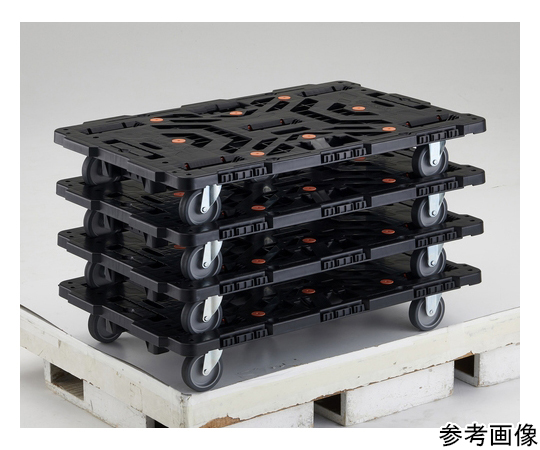 連結式樹脂製平台車 ビートル 900X600 自在3輪 結束バンドで固定された自在3輪の平台車が正面から見える状態
