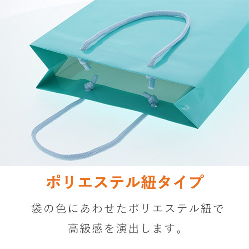 おしゃれなツヤあり仕様で、水色の手提げ紙袋