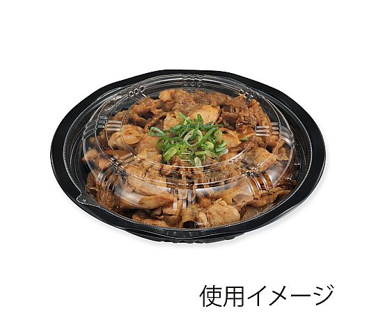 丼容器 CY-丼 内嵌合蓋 大 黒 50枚入 黒の大きな丼容器が束ねられた状態