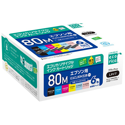 ﾘｻｲｸﾙｲﾝｸｶｰﾄﾘｯｼﾞ 6色ﾊﾟｯｸ(染料) [ｴﾌﾟｿﾝ:IC6CL80M互換] 1箱(6個:各色1個)画像