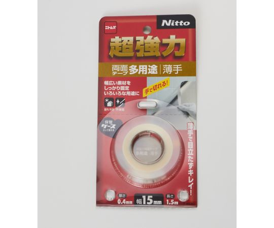 超強力両面テープ多用途薄手15×1.5 パッケージが斜めから見える状態で、表面のデザインが鮮明に写っている。