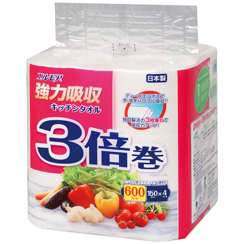ｴﾙﾓｱ 強力吸収ｷｯﾁﾝﾀｵﾙ3倍巻 3枚重ね×150ｶｯﾄ 1ｾｯﾄ(48ﾛｰﾙ:4ﾛｰﾙ×12ﾊﾟｯｸ)画像