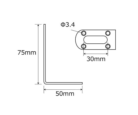 補助金具ステンレス　L型　長さ75×50mm シャープな角を持つステンレス製のL型金具がテーブルに並んでいる様子