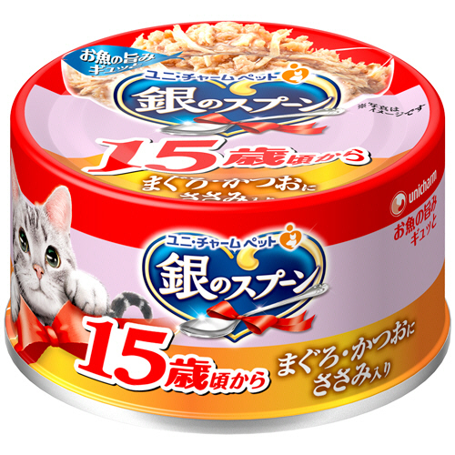 銀のｽﾌﾟｰﾝ缶 15歳頃から まぐろ･かつおにささみ入り 70g 1ｾｯﾄ(6個)画像